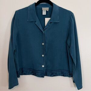 NWOT Coldwater Creek Top Shirt Size Petite Medium Blue Embroidery Tencel.